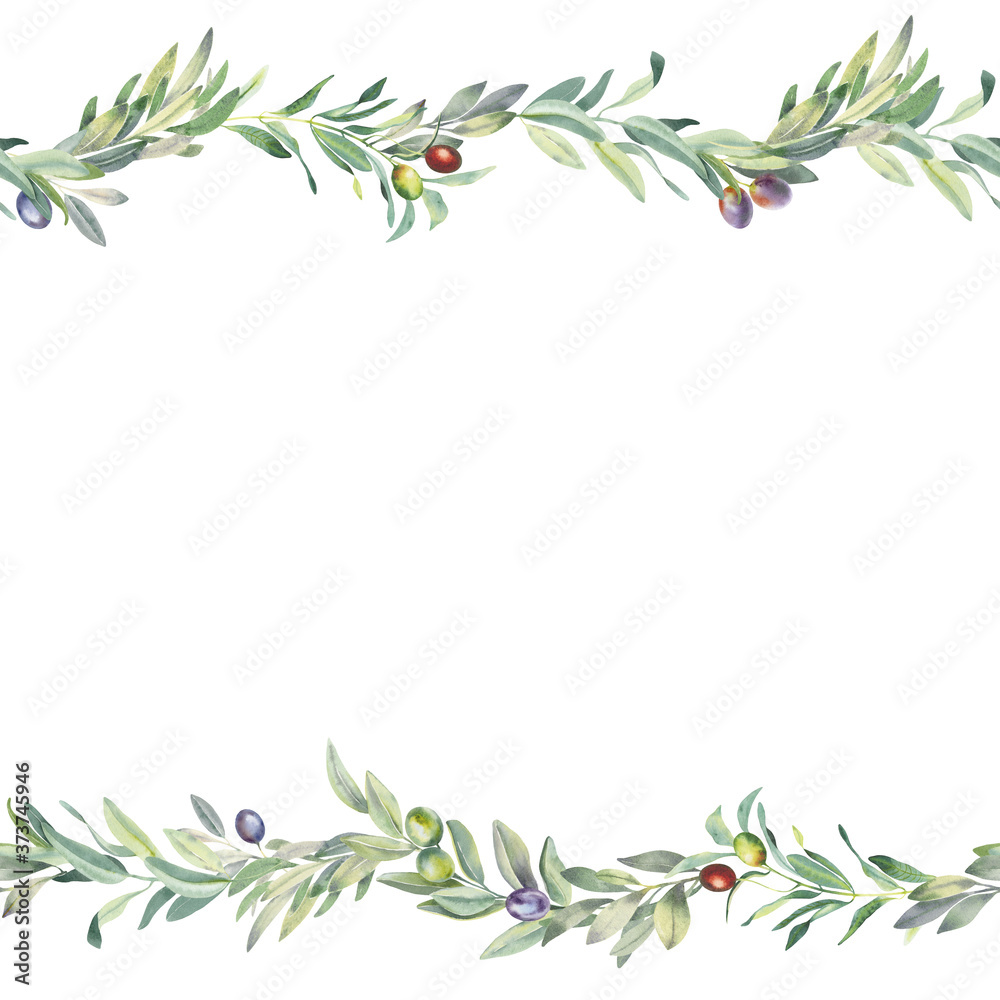 Hand paint watercolor seamless border with olive branch and leaves, isolated on white background. Perfect for creating cards, print, wedding and fashion design. 
 - obrazy, fototapety, plakaty 