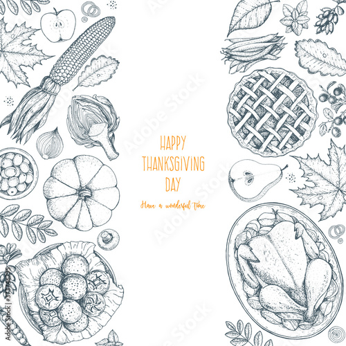 Thanksgiving day top view vector illustration. Food hand drawn sketch. Festive dinner with turkey and potato. Autumn food sketch. Engraved image.