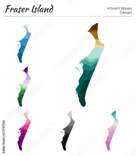 Set of vector maps of Fraser Island. Vibrant waves design. Bright map of island in geometric smooth curves style. Multicolored Fraser Island map for your design. Stylish vector illustration.