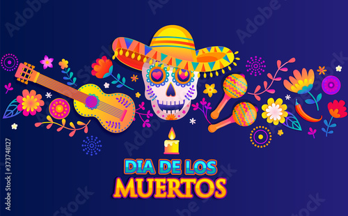 Horizontal bright banner for Mexican Dia de los muertos.Day of the dead poster with colorful flowers,skull in sombrero,guitar,maracas.Fiesta,party flyer,greeting or invitation card.Vector illustration