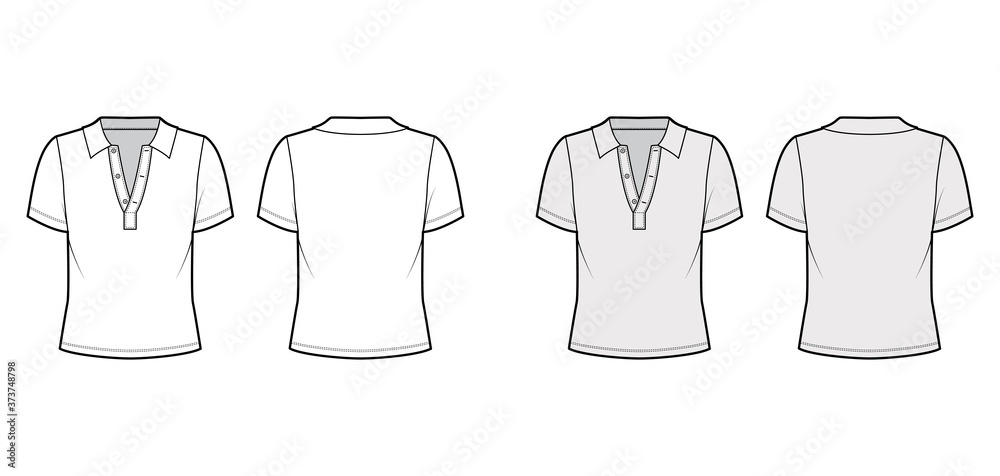 Polo shirt technical fashion illustration with cotton-jersey short sleeves, oversized, buttons along the front. Flat outwear apparel template front, back, white grey color. Women men unisex top mockup