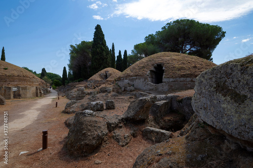 Ancient Etruscan city, burial mounds. The necropolis of Banditaccia or ancient city of Caere, located on a tuffaceous hill north-west of Cerveteri, Viterbo, near Rome. Italy.