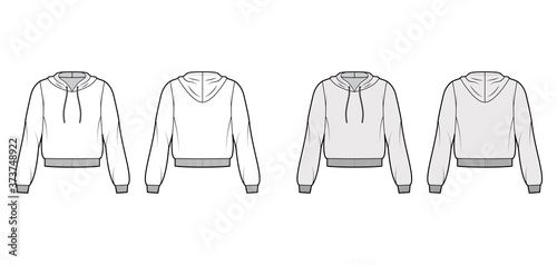 Cotton-fleece hoodie technical fashion illustration with relaxed fit, long sleeves, ribbed trims. Flat jumper apparel template front, back white grey color. Women men, unisex sweatshirt top CAD mockup