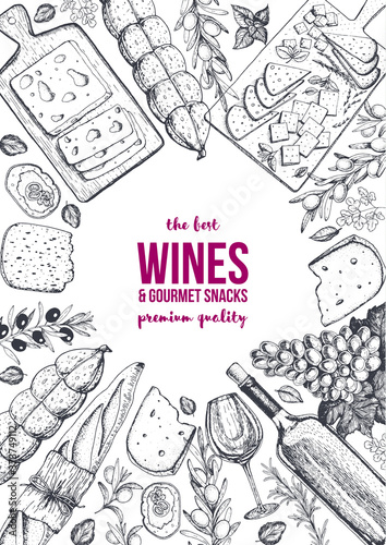Wines and gourmet snacks frame vector illustration. Cheese, sausages, bread, grape hand drawn. Gourmet food set