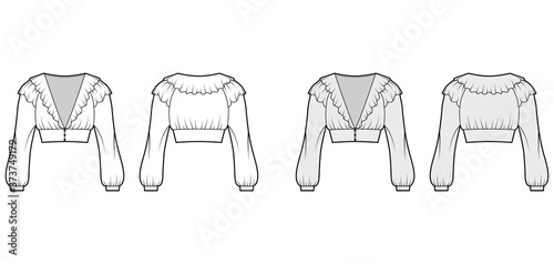 Ruffled cropped blouse technical fashion illustration with long bishop sleeves, puffed shoulders, front button fastenings. Flat top template front, back white grey color. Women men unisex shirt CAD