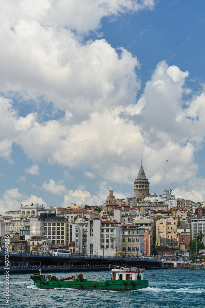 Istanbul cityscape including historical Galata Tower, Boshphorus, passenger boats, and bridge
