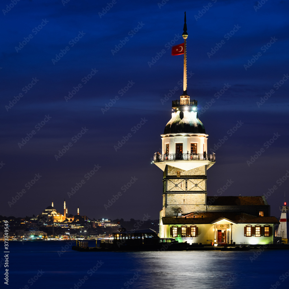 Maiden's Tower or Kiz Kulesi at night- Istanbul, Turkey.