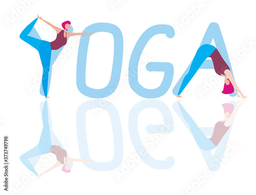 Wallpaper Mural Text Yoga with reflection and a young girl with pink hair does yoga asana. Flat vector stock illustration with asana or yoga pose as logo or emblem isolated on white background for design Torontodigital.ca