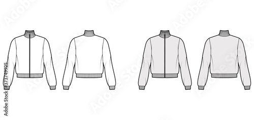 Long-sleeved zip-up sweatshirt technical fashion illustration with cotton-jersey, casual-fit, ribbed trims. Flat jumper apparel template front back white grey color. Women, men unisex top CAD mockup