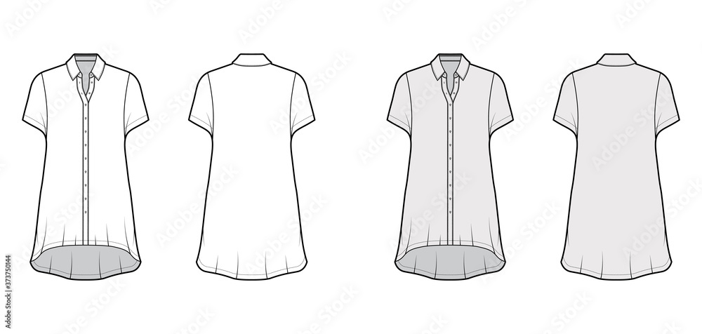 Oversized shirt dress technical fashion illustration with short sleeves, regular collar, high-low hem front button-fastening. Flat template front back white grey color. Women men unisex top CAD mockup