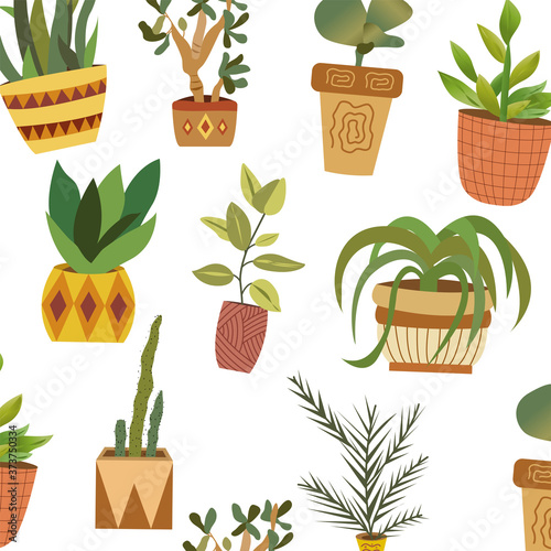 Various plants in flower pots home comfort pattern vector graphics on a white background