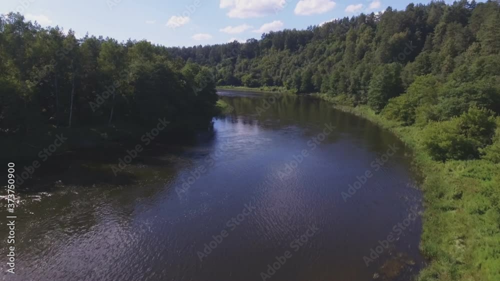 Winding Neris River on a Sunny Summer Day. Aerial Dolly-In Pedestal-Up Tilt-Down Winding Neris River on a Sunny Summer Day. Aerial Dolly-In Pedestal-Up Tilt-Down