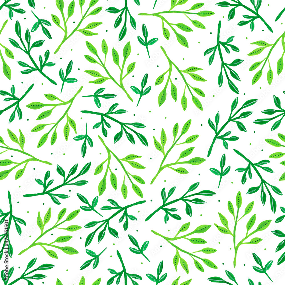 Hand painted seamless pattern with green branches. Watercolor floral illustration. Spring print for wallpaper, wrapping paper, textile