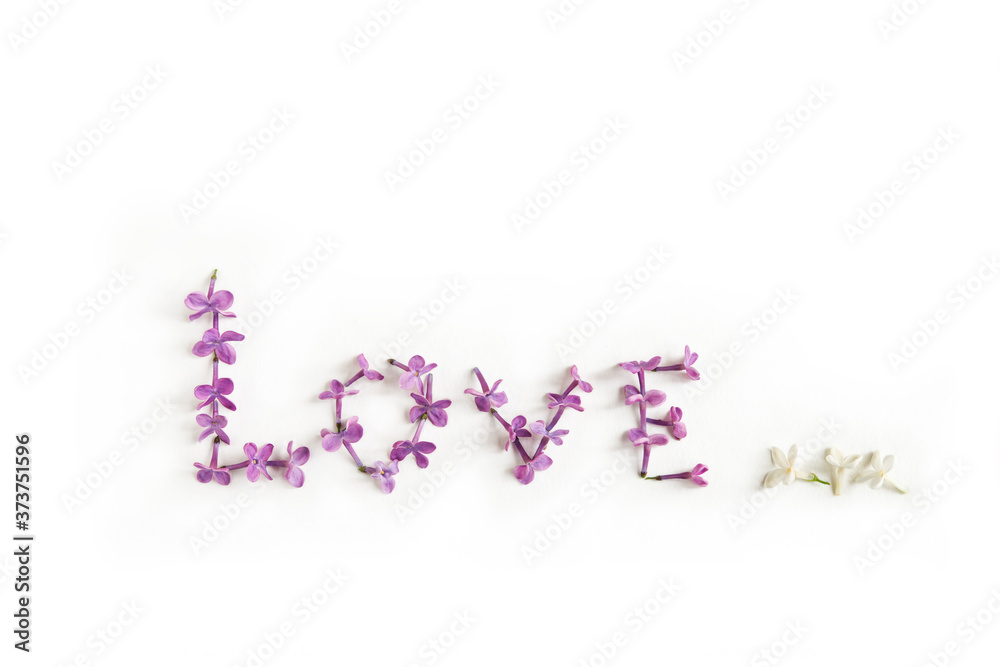 Word LOVE lined with petals of lilac isolated on the white background. Word LOVE lined with petals of lilac isolated on the white background.