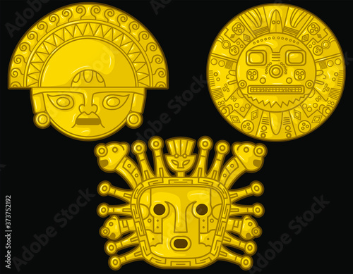 Ancient Incaic gods golden heads over black background. Peruvian Vector Illustration Set photo