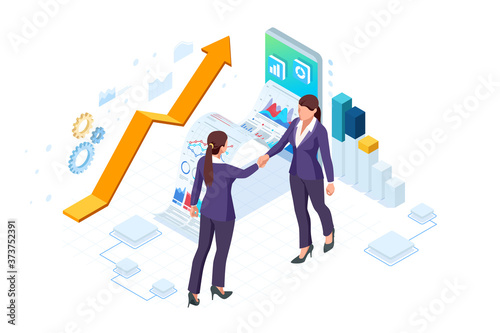 Isometric Business to Business Marketing, B2B Solution, business marketing concept. Two business partners shaking hands.