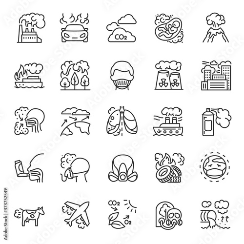 Air pollution, icon set. harmful or excessive quantities of substances into Earth's atmosphere, linear icons. Sources of air pollution. Health, respiratory protection. Line with editable stroke