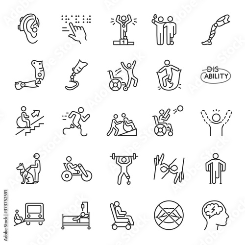Disability, icon set. disabled people, handicap, physical impairments, linear icons. Line with editable stroke