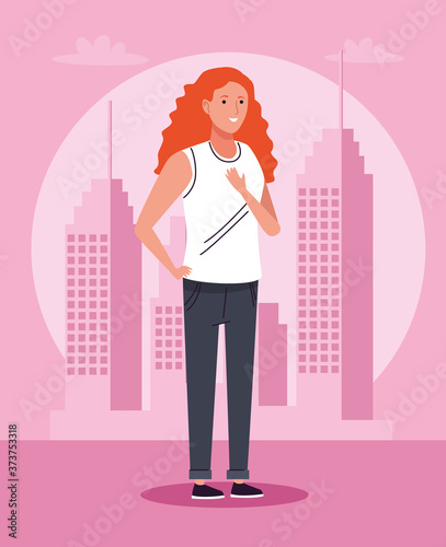 tourist woman standing on the city character