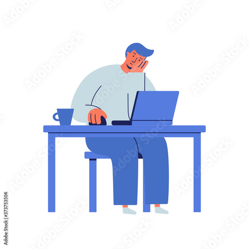 Sad, depressed and tired businessman working on the computer. Man sitting in front of the laptop his hand propping up head. Frustrated person doesn't want to work. Bored look. Wasting time concept
