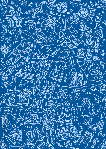 Back to school seamless pattern with hand-drawn doodles. Cover of a school notebook. Vector illustrations for printing banners, posters, leaflets, postcards, covers. Contour style. Blue background