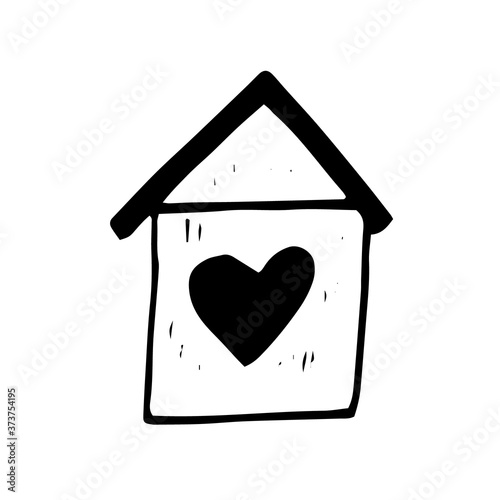 house with heart hand drawn in doodle style. single element for design icon, sticker, poster, card, tattoo. vector, scandinavian, hygge, monochrome. love, romance, cozy home