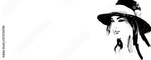 Abstract fashion illustration woman with hat. Black and white portrait. 