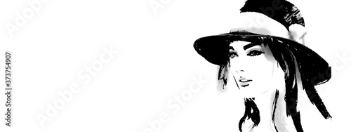 Abstract fashion illustration woman with hat. Black and white portrait. 
