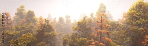 Autumn forest in the morning in the fog, autumn trees in the haze, 3D rendering
