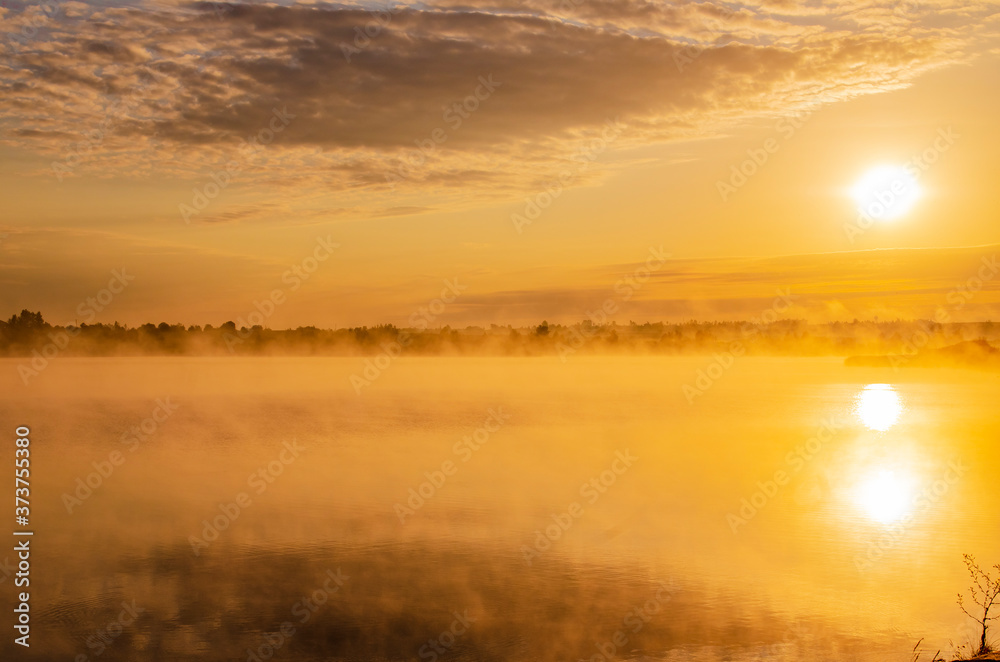Obraz premium foggy sunrise on the river