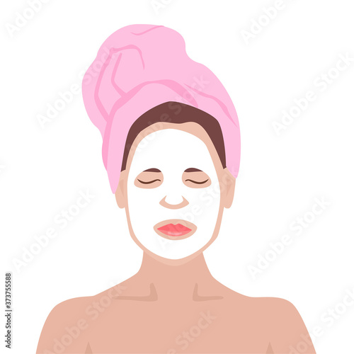 Vector illustration white facial cosmetic. Flat vector mask. Young woman with facial mask, treatment, beauty, cosmetic, makeup, healthy, lifestyle.