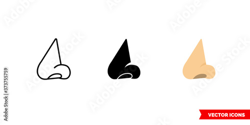 Human nose icon of 3 types color, black and white, outline. Isolated vector sign symbol.
