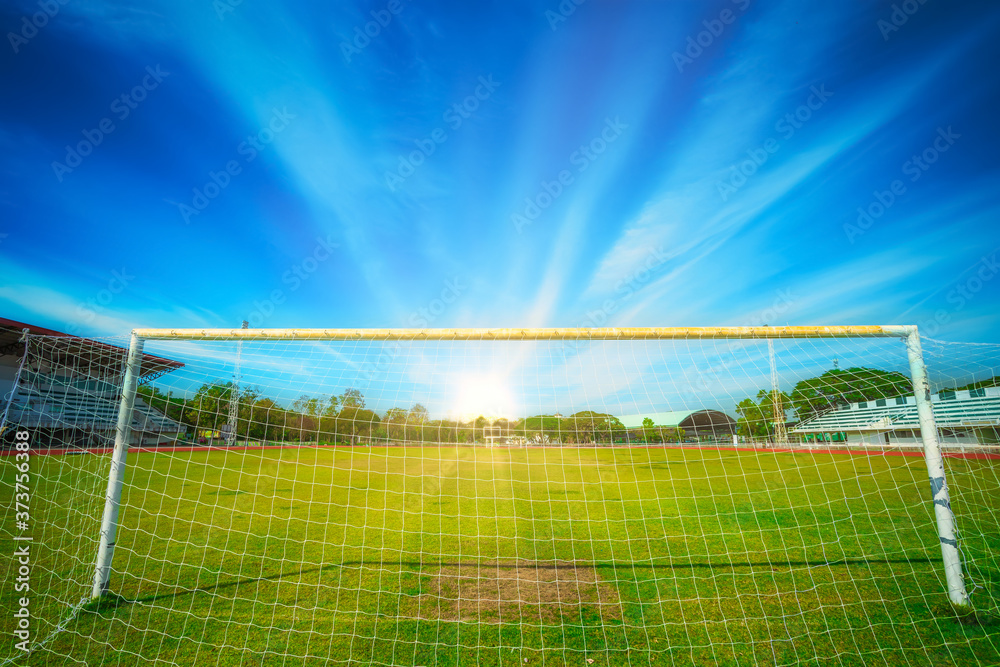 Fototapeta premium Public Stadium Soccer goal or football goal at of stadium with blue sky background.