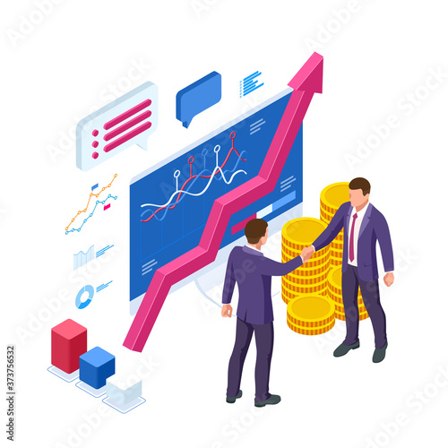 Isometric Business to Business Marketing, B2B Solution, business marketing concept. Two business partners shaking hands.