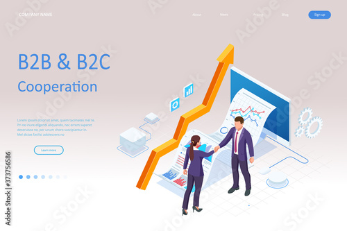 Isometric Business to Business Marketing, B2B Solution, business marketing concept. Two business partners shaking hands.