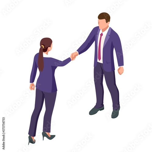 Isometric Business to Business Marketing, B2B Solution, business marketing concept. Two business partners shaking hands.
