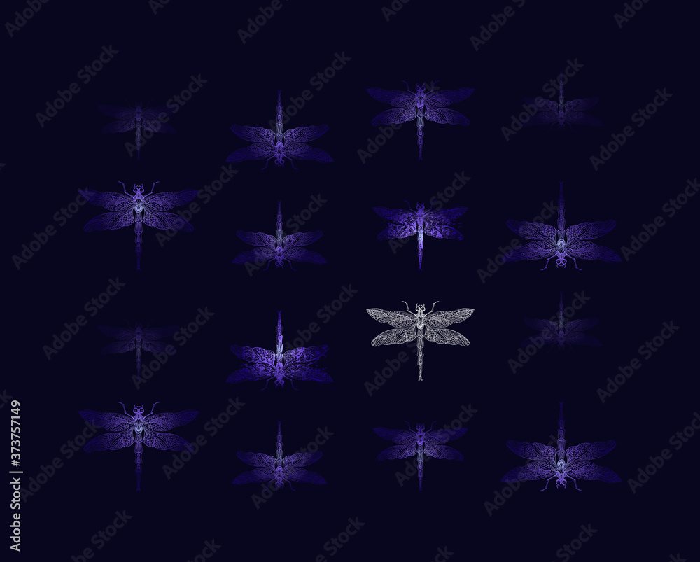 Hand-drawn decorative dragonfly on a dark blue background. Botanical design. Perfect for postcards, banners, business cards, invitations. EPS 10 Hand-drawn decorative dragonfly on a dark blue background. Botanical design. Perfect for postcards, banners, business cards, invitations. EPS 10