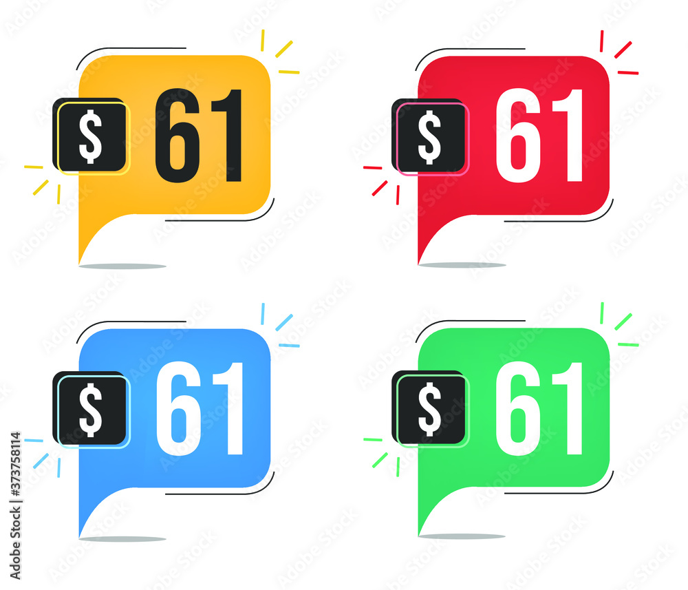 61 dollar price. Yellow, red, blue and green currency tags with speech balloon concept vector. 61 dollar price. Yellow, red, blue and green currency tags with speech balloon concept vector.