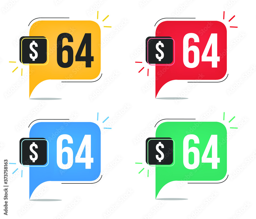 64 dollar price. Yellow, red, blue and green currency tags with speech balloon concept vector. 64 dollar price. Yellow, red, blue and green currency tags with speech balloon concept vector.