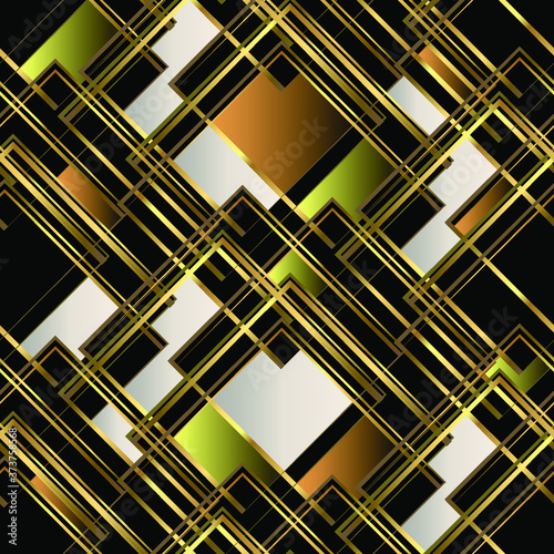 Golden seamless geometric pattern. Multi-colored squares, golden lines and shapes