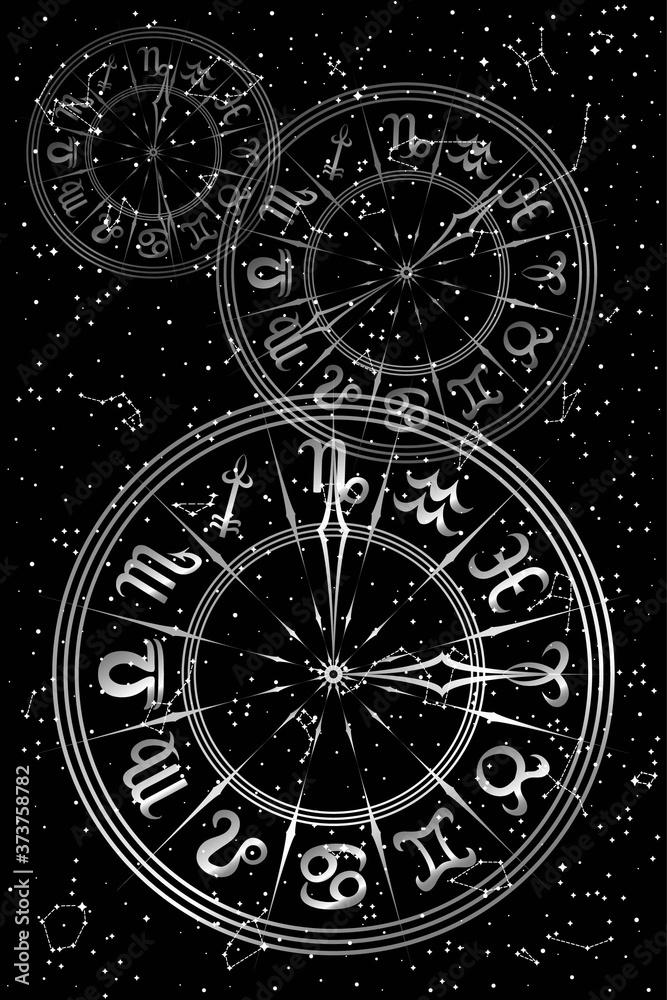 Round Black and White Frame with Zodiac Signs. Horoscope Symbol. Panoramic Sky Map of Hemisphere. Constellations on Starry Night Background. Raster. 3D Illustration