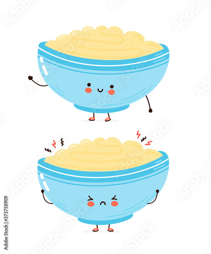 Cute happy and sad bowl of oatmeal porridge