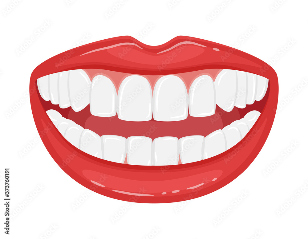 Open mouth with teeth. A snow-white smile. Beautiful lips with even white teeth. Aesthetic dentistry. Advertising a healthy lifestyle and dental care. Isolated flat vector illustration Open mouth with teeth. A snow-white smile. Beautiful lips with even white teeth. Aesthetic dentistry. Advertising a healthy lifestyle and dental care. Isolated flat vector illustration