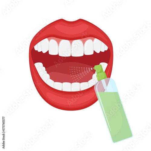 A breath freshener is sprayed into the open mouth. Oral hygiene. Spray in a transparent dispenser. Beautiful white even teeth. Dental advertising. Vector illustration in flat style. Isolated on white