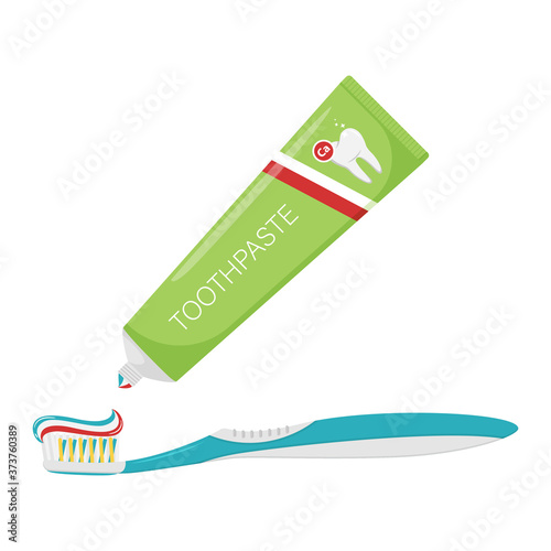 Three-color toothpaste is squeezed out of the tube onto the toothbrush. A drop of toothpaste. Dental cleaning, oral Hygiene. Dental care. Isolated flat vector illustration