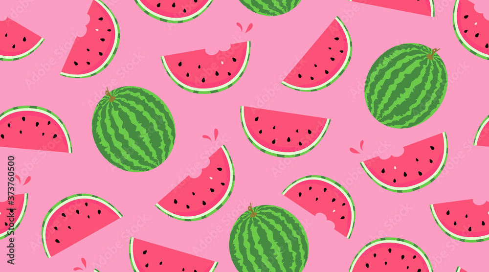 Watermelons pink flat vector seamless pattern. Summer fruit elements on white background. Berries slices, dessert texture with cartoon color icons. Fresh food plants wrapping paper, wallpaper design Watermelons pink flat vector seamless pattern. Summer fruit elements on white background. Berries slices, dessert texture with cartoon color icons. Fresh food plants wrapping paper, wallpaper design