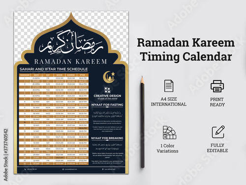 Ramadan Kareem Timing Calendar, Iftar & Sheri, Iftar & Sheri Calendar. Arabic Calendar. Ramadan Kareem 