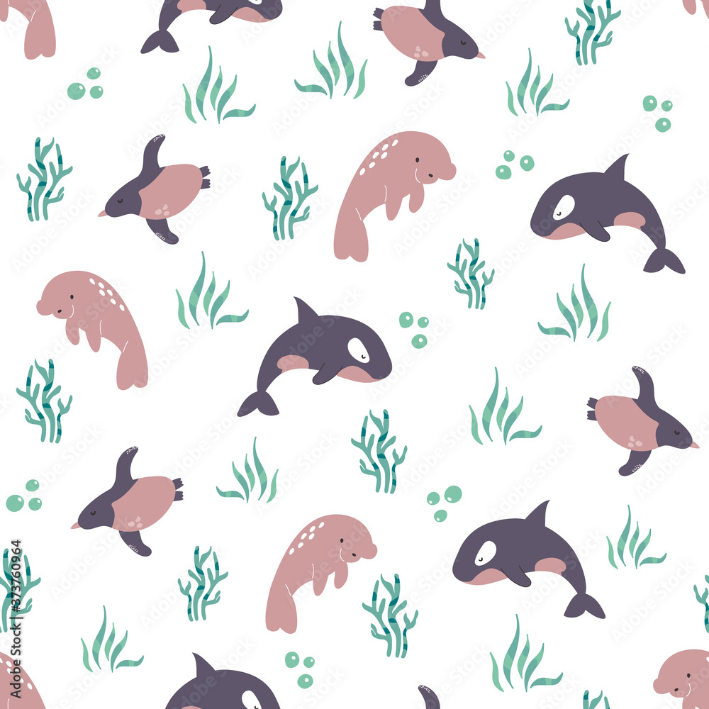 Seamless pattern with cute animals orca, penguin and manatee. Vector illustration. Seamless pattern with cute animals orca, penguin and manatee. Vector illustration.