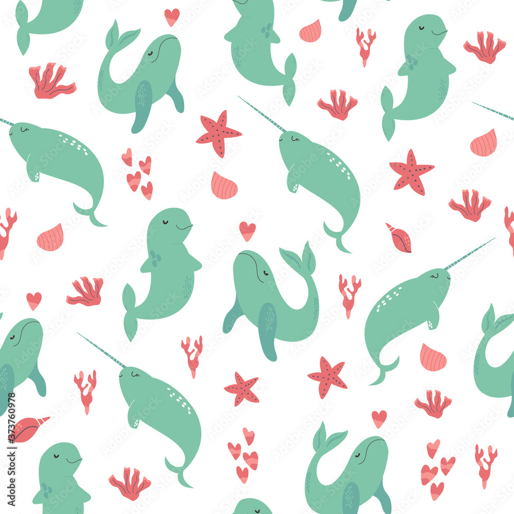 Seamless pattern with cute sea animals. Vector illustration