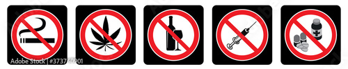 No Drugs symbol collection.No smoking,No Marijuana,No alcohol signs collection on black background